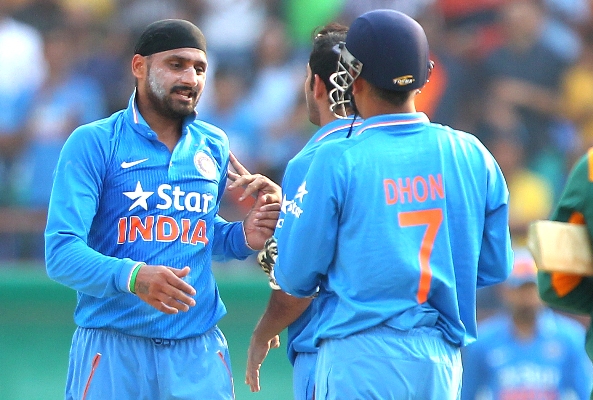 Harbhajan Singh of India celebrates a wicket 