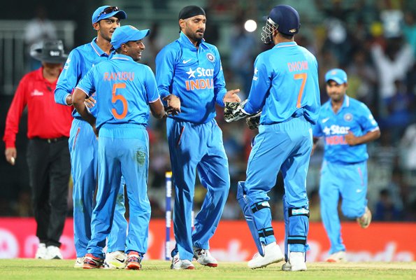 Harbhajan Singh of India celebrates a wicket 