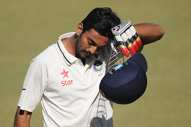 India's KL Rahul after being dismissed 