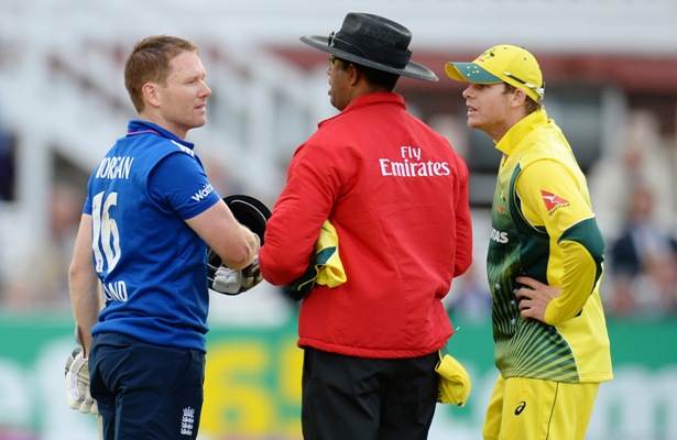 England's Eoin Morgan and Australia's Steve Smith 