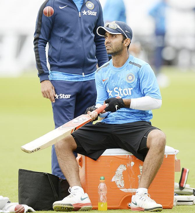 Ajinkya Rahane takes a break during a practice session