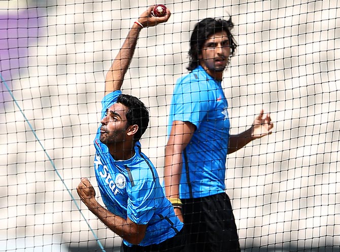 Bhuvneshwar Kumar and Ishant Sharma during an India nets session 