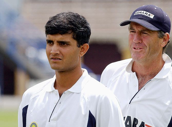 Former India coach John Wright (right) with then captain Sourav Ganguly