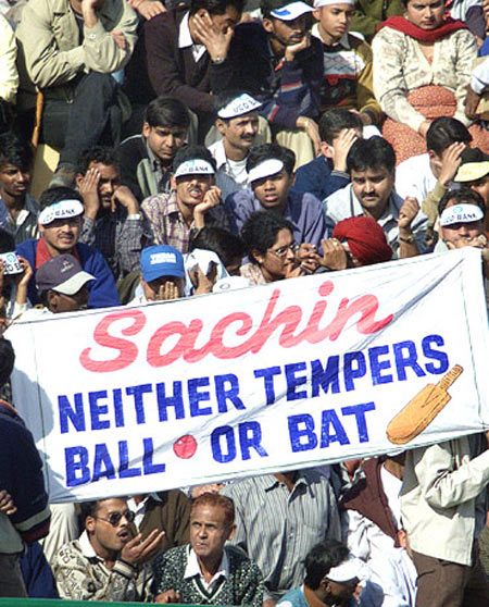 Fans hold a banner during a match in support of Sachin Tendulkar during the ball-tampering controversy in 2001