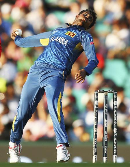 Tharindu Kaushal of Sri Lanka bowls 