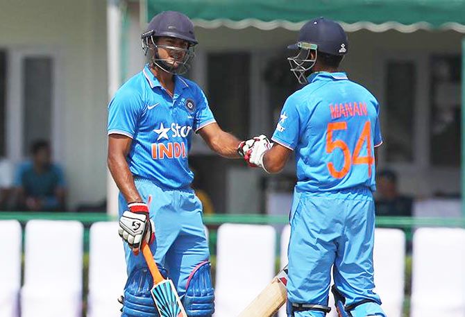 Mayank Agarwal and Manan Vora during their innings against South Africa in the warm-up match on Tuesday