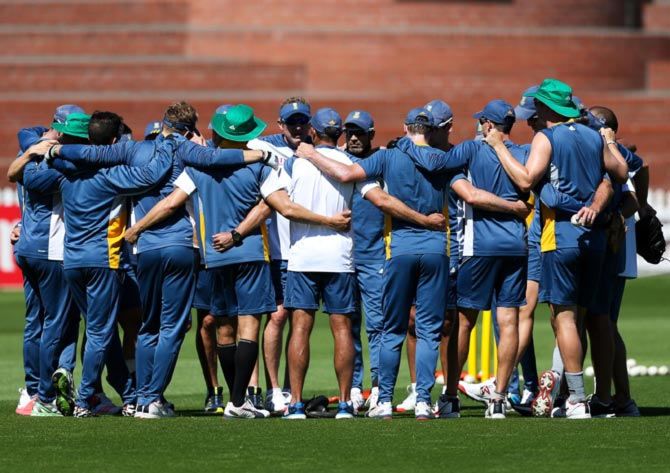 South Africa's players in a huddle during their nets session