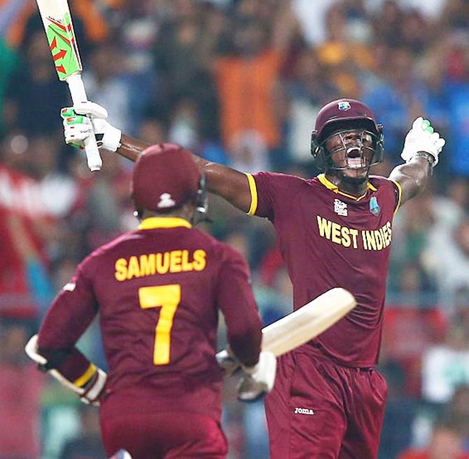 Carlos Brathwaite celebrates hitting the winning runs in the ICC World Twenty20 final at the Eden Gardens, Kolkata, April 3, 2016. Photograph: Ryan Pierse/Getty Images