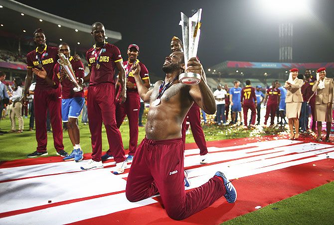 West Indies' Chris Gayle celebrates their ICC World Twenty20 victory at Eden Gardens in Kolkata on Sunday