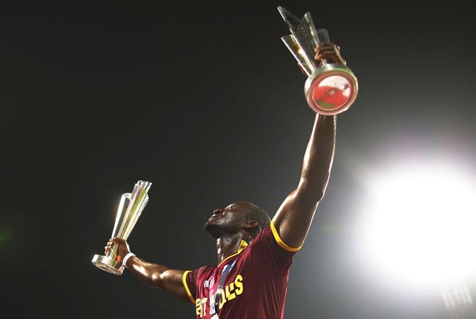 West Indies Captain Darren Sammy with the ICC World Twenty20 Cup at the Eden Gardens, Kolkata, April 3, 2016. Photograph: Ryan Pierse/Getty Images