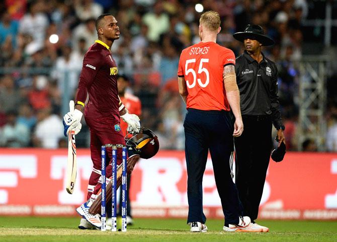 Marlon Samuels and Ben Stokes exchange words in the final over of their ICC World Twenty20 final at Eden Gardens in Kolkata on Sunday