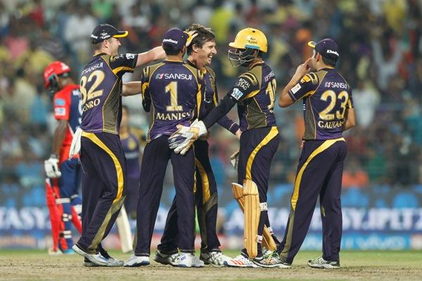 Brad Hogg of the Kolkata Knight Riders celebrates the wicket of Pawan Negi of the Delhi Daredevils