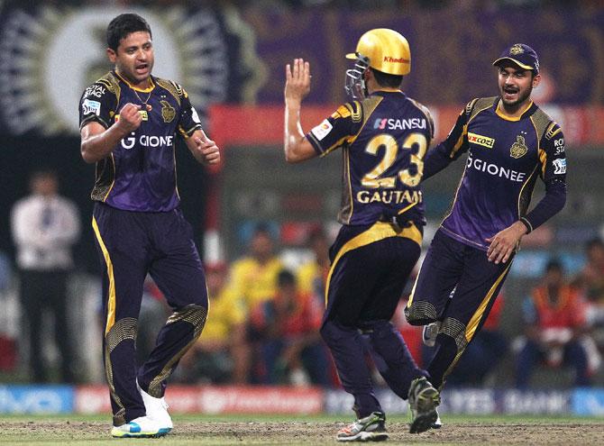 Kolkata Knight Riders' Piyush Chawla celebrates the wicket of  Delhi Daredevils' Carlos Brathwaite during their Indian Premier League match at the Eden Gardens Stadium in Kolkata on Sunday