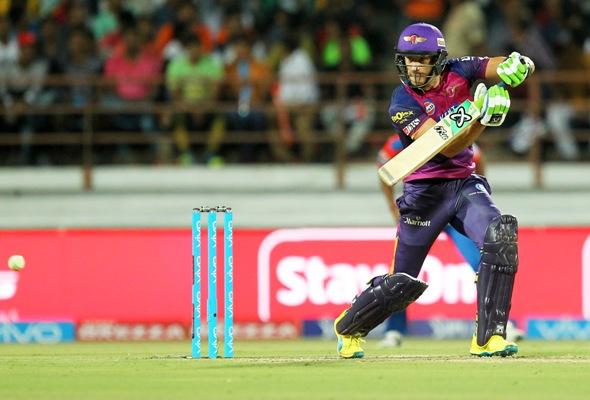 Faf Du Plessis of Rising Pune Supergiants hits a shot during the Indian Premier League match against Gujarat Lions