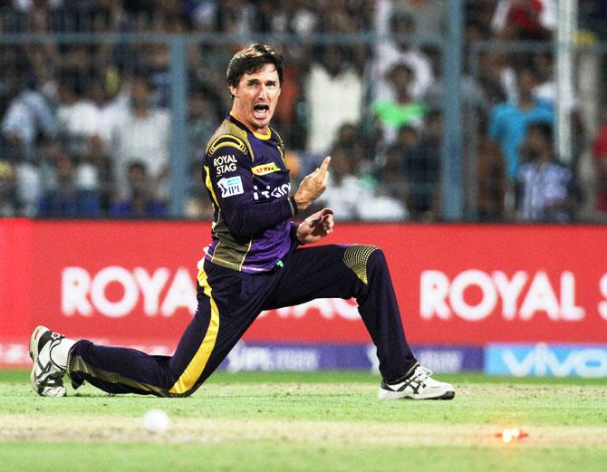 KKR's Brad Hogg celebrates a wicket