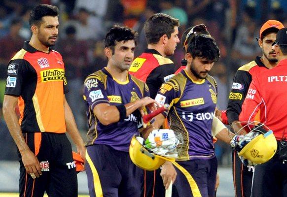 Manish Pandey and Gautam Gambhir of the Kolkata Knight Riders after defeating the Sunrisers in Hyderabad.