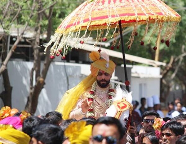 Ravindra Jadeja on his way to the wedding ceremony in Rajkot. Photograph: Haresh Pandya