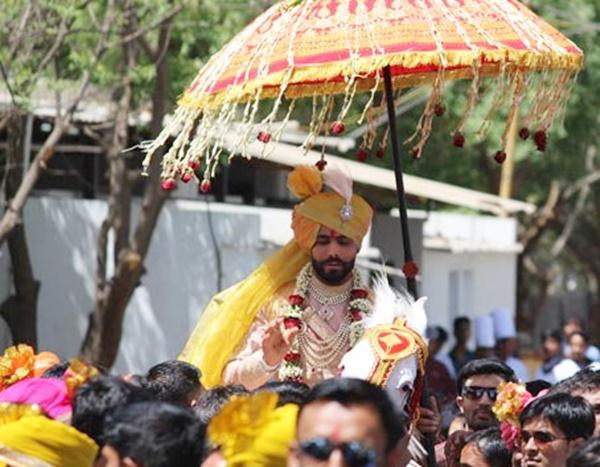 Ravindra Jadeja on his way to the wedding ceremony in Rajkot. Photograph: Haresh Pandya