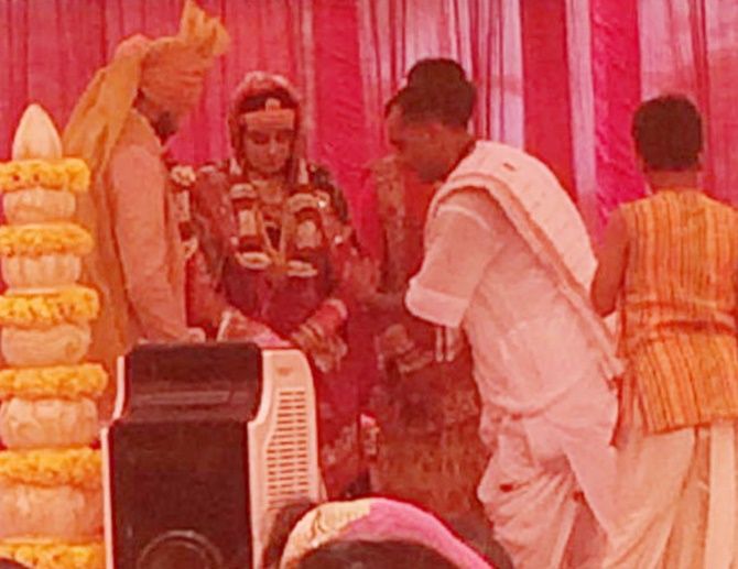 Ravindra Jadeja and Reevaba Solanki at their wedding ceremony in Rajkot. Photograph: Haresh Pandya