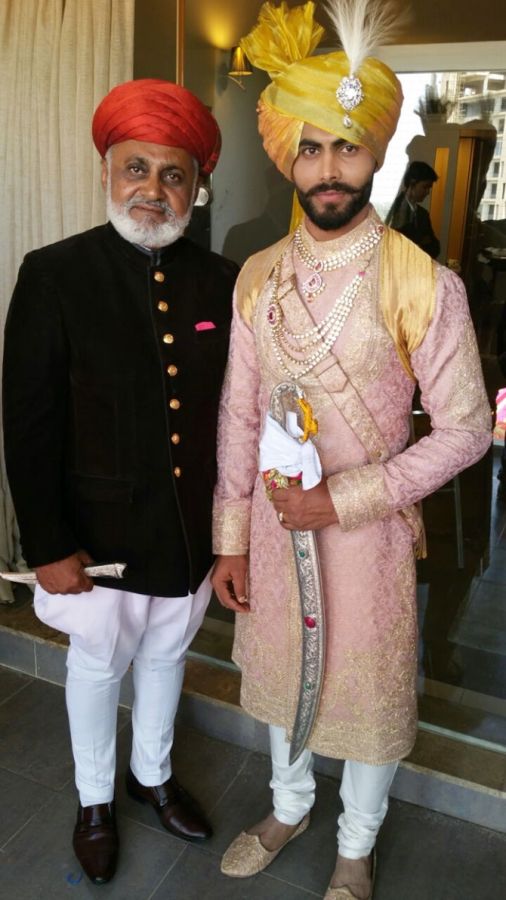 Ravindra Jadeja and his father Aniruddhsinh Jadeja at the wedding ceremony in Rajkot. Photograph: Haresh Pandya 