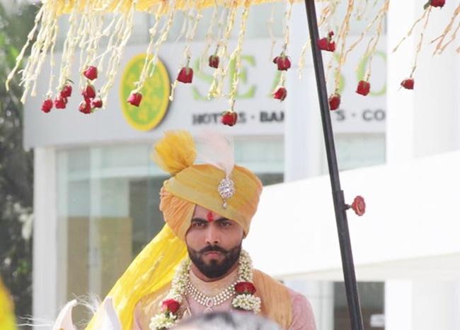 Ravindra Jadeja on his way to the wedding ceremony in Rajkot. Photograph: Haresh Pandya