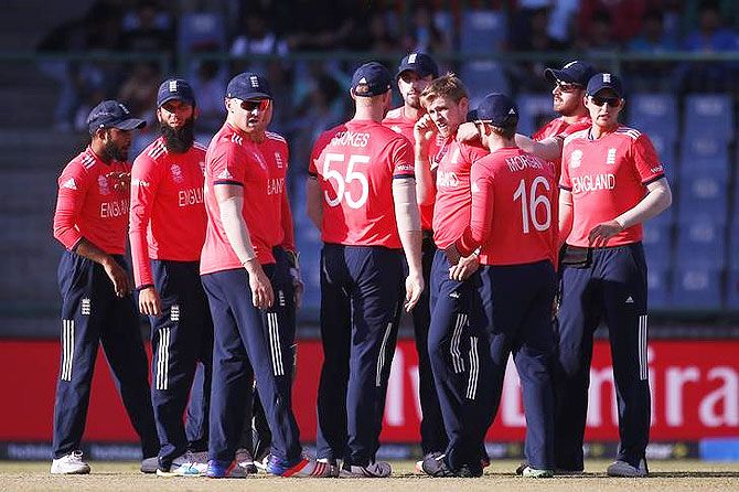 England cricketers celebrate a wicket