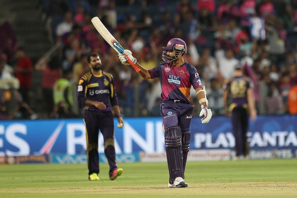 Pune Supergiants' Ajinkya Rahane celebrates his half-century against Kolkata Knight Riders on Sunday