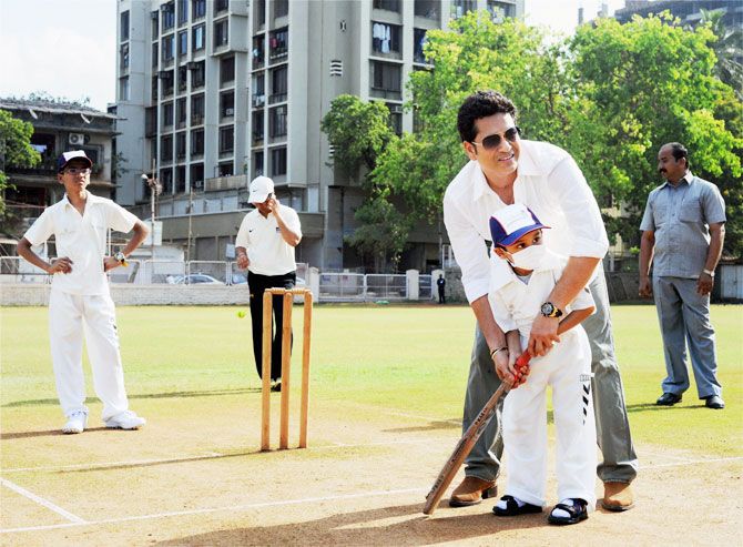 Cricket legend Sachin Tendulkar celebrates his 43rd birthday by playing cricket with children from the Make-A-Wish India organisation in Mumbai on Sunday