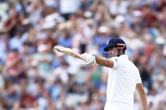 England's Alastair Cook celebrates his fifty against Pakistan on day 3 of the 3rd Test in Edgbaston on Friday