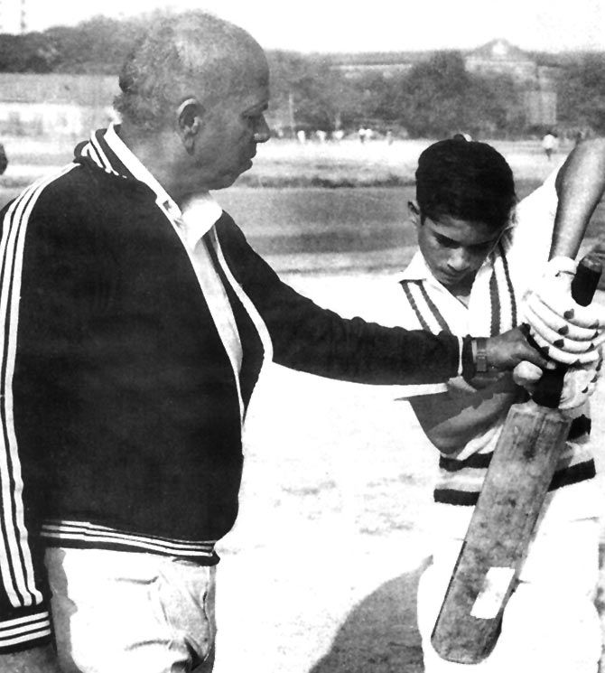Sachin Tendulkar, right, gets batting lessons from his coach Ramakant Achrekar. Photograph: Kind courtesy Roli Books