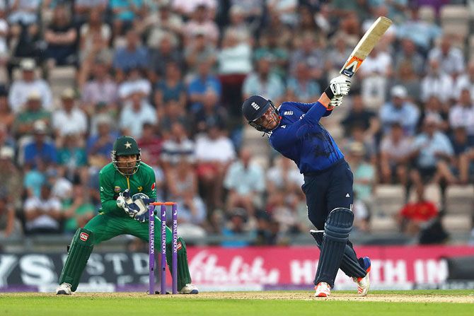 England's Jason Roy plays a heave on the legside as Pakistan wicketkeeper Sarfraz Ahmed looks on during the first Royal London One-Day International match at the Ageas Bowl in Southampton on Wednesday