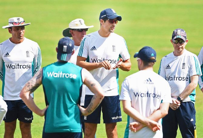 England captain Alastair Cook speaks to his teammates during a practice session at the Wankhede Stadium in Mumbai on Wednesday