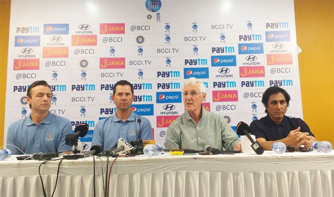 The MCC World Committee members John Stephenson, Ricky Ponting, Mike Brearley and Ramiz Raja at the Wankhede stadium in Mumbai on Wednesday