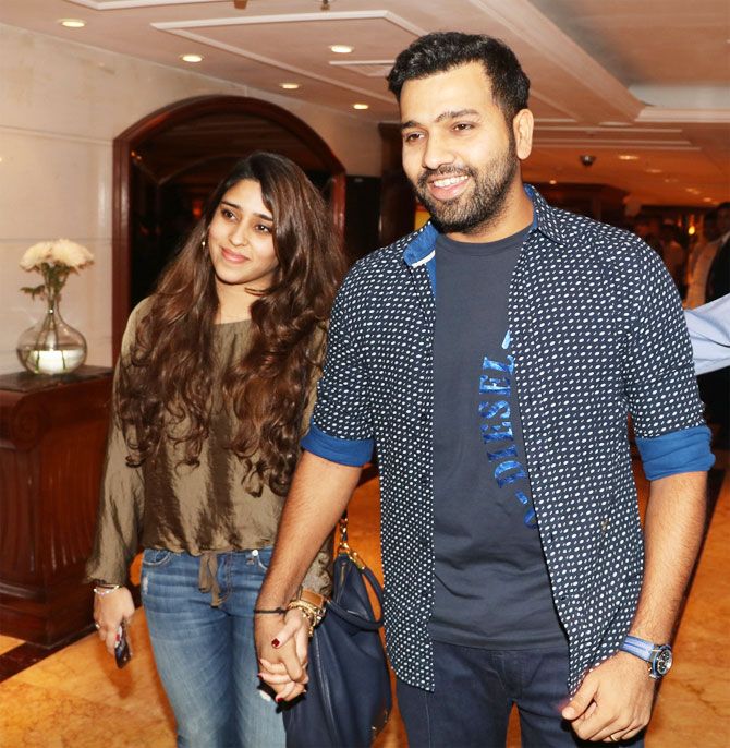 Rohit Sharma and wife Ritika arrive at the launch event of the Diesel-Mumbai Indians collaboration in Mumbai on Wednesday