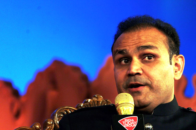 Former India cricketer Virender Sehwag speaks at Agenda Aaj Tak, in New Delhi on Wednesday