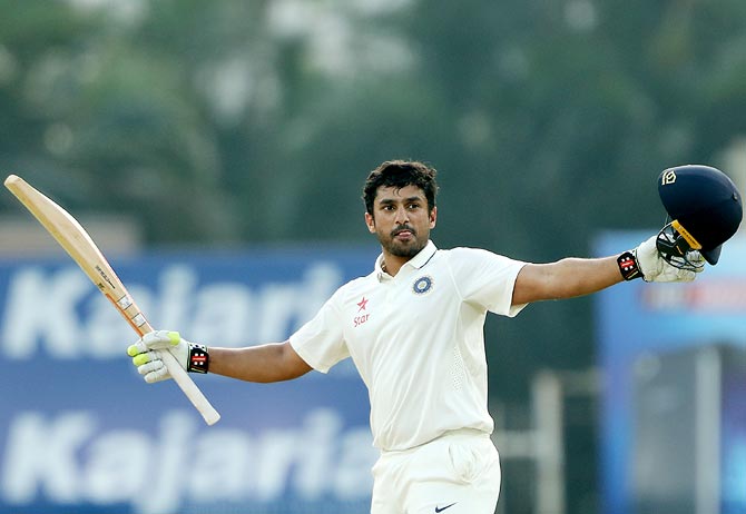 Karun Nair celebrates on completing his triple century on Monday