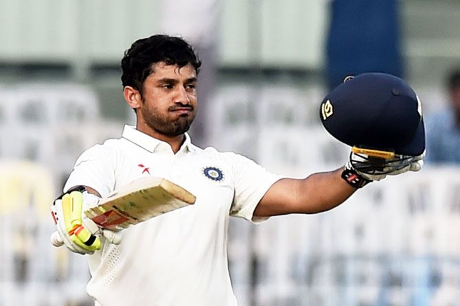 India's Karun Nair celebrates after completing his triple hundred