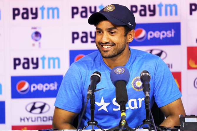 Karun Nair can't contain his happiness at the press conference after play on Day 4 of the 5th Test in Chennai on Monday