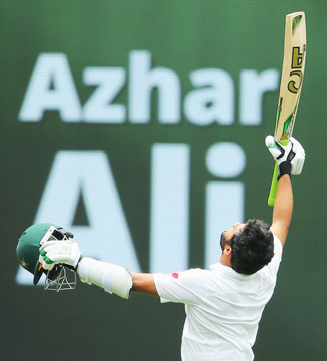 Pakistan's Azhar Ali is ecstatic on reaching his century 