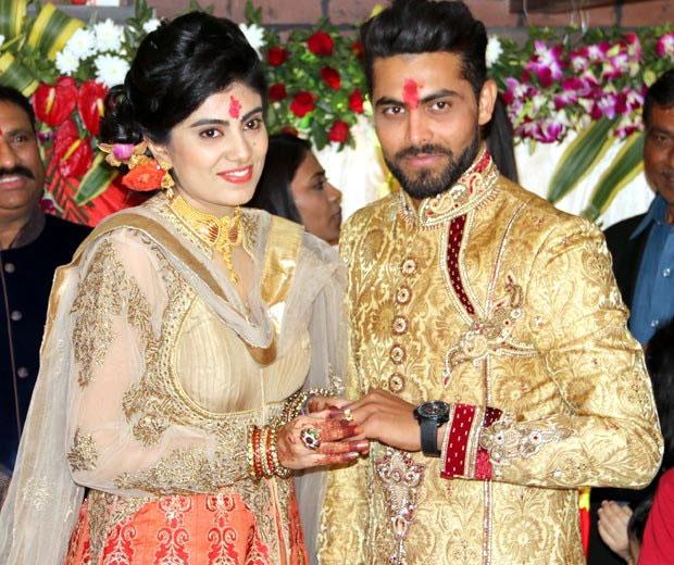 Reeva Solanki and Ravindra Jadeja after their engagement in Rajkot on Thursday