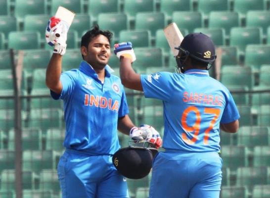 Rishabh Pant celebrates his century against Namibia in the ICC u-19 World Cup 