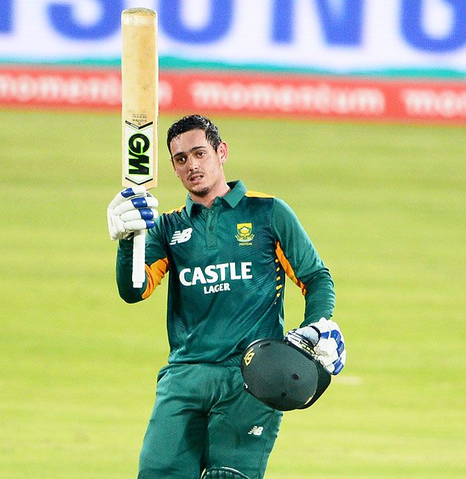 South Africa's Quinton de Kock celebrates his ton during the 3rd One-Day International against England at SuperSport Park in Pretoria on Tuesday