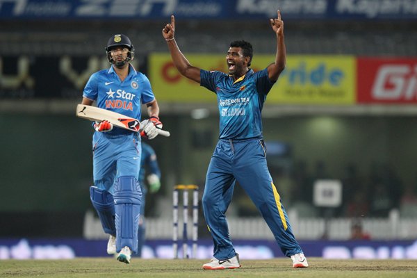 Thisara Perera of Sri Lanka celebrates the wicket of Yuvraj Singh 