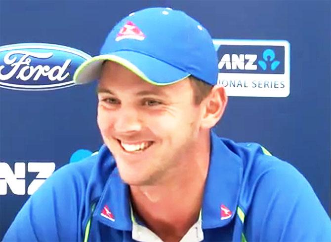 Australia's Josh Hazlewood speaks to the media on Friday