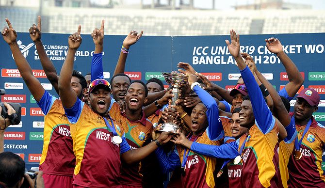 West Indies' players celebrate after winning the Under-19 World Cup title.