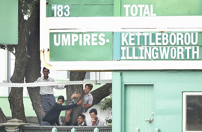 School kids climb a tree to watch action fro, day four of match at the Basin Reserve on Monday