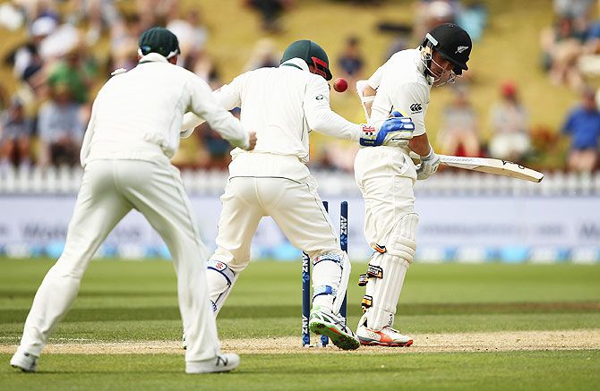 New Zealand's BJ Watling is bowled by Australia's Nathan Lyon