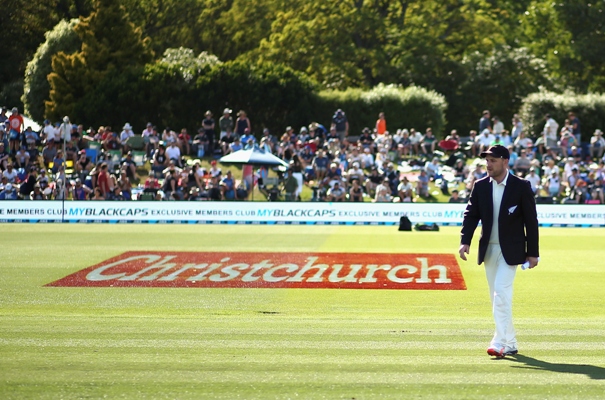 Brendon McCullum of New Zealand walks onto the field for his last toss  