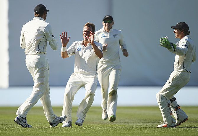 New Zealand's Neil Wagner celebrates after taking the wicket of Australia's Steve Smith on Day 2 the 2nd Test at Hagley Oval in Christchurch on Sunday