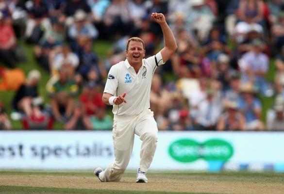 Neil Wagner of New Zealand celebrates after taking the wicket of Josh Hazlewood of Australia 